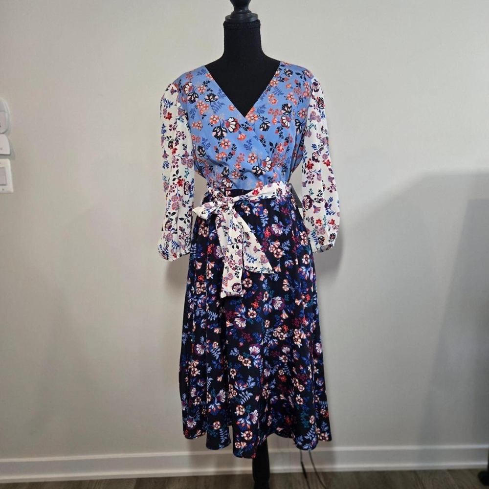 1901 Mixed Floral Midi Dress Women Size 14 Blue Multi New NWT